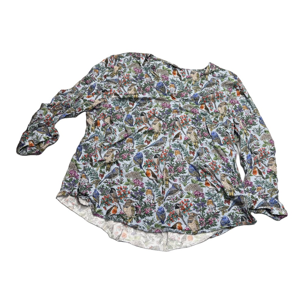 J Jill Bird Floral Print Blouse Womens L Petite Viscose
